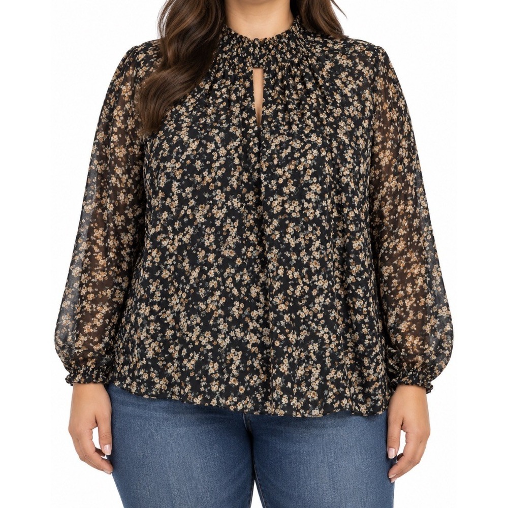Lush Womens Plus Black Floral Chiffon Smocked Mock Neck Blouse Top XL